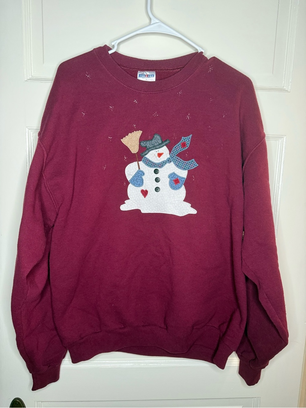 Jerzees Burgundy Crewneck Sweater with Snowman Applique